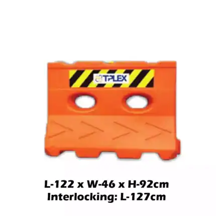 Plastic orange safety barrier with black and yellow caution tape design for construction sites or crowd control.