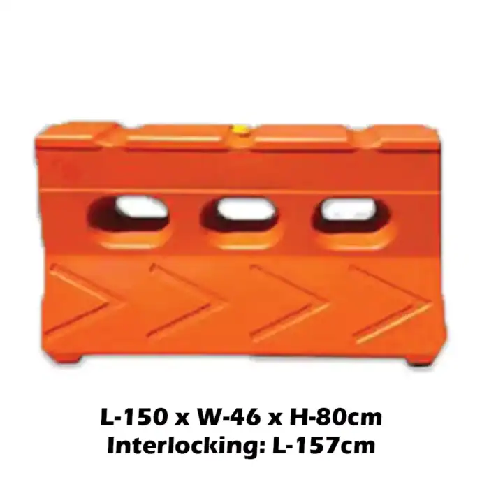 Bright orange plastic safety barrier block for construction sites and crowd control, measures 150cm x 46cm x 80cm, interlocking design for customizable length.