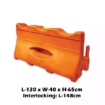 Barrier safety guard, orange plastic construction barrier with dimensions for crowd control and safety at events or construction sites.