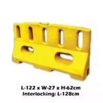 Yellow plastic barrier with interlocking design, ideal for safety and crowd control in commercial and industrial settings.