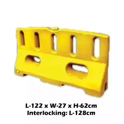 Yellow plastic barrier with interlocking design, ideal for safety and crowd control in commercial and industrial settings.