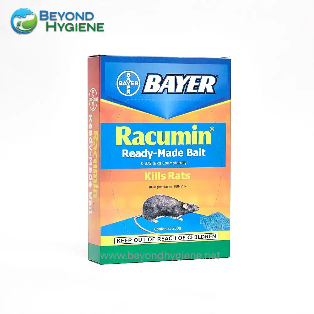 Bayer Racumin Ready-Made Bait 200g Racumin rat bait, ready-made poison for rodent control, kills rats effectively, manufactured by Bayer, used in pest management, suitable for hygiene and sanitation in Asia.