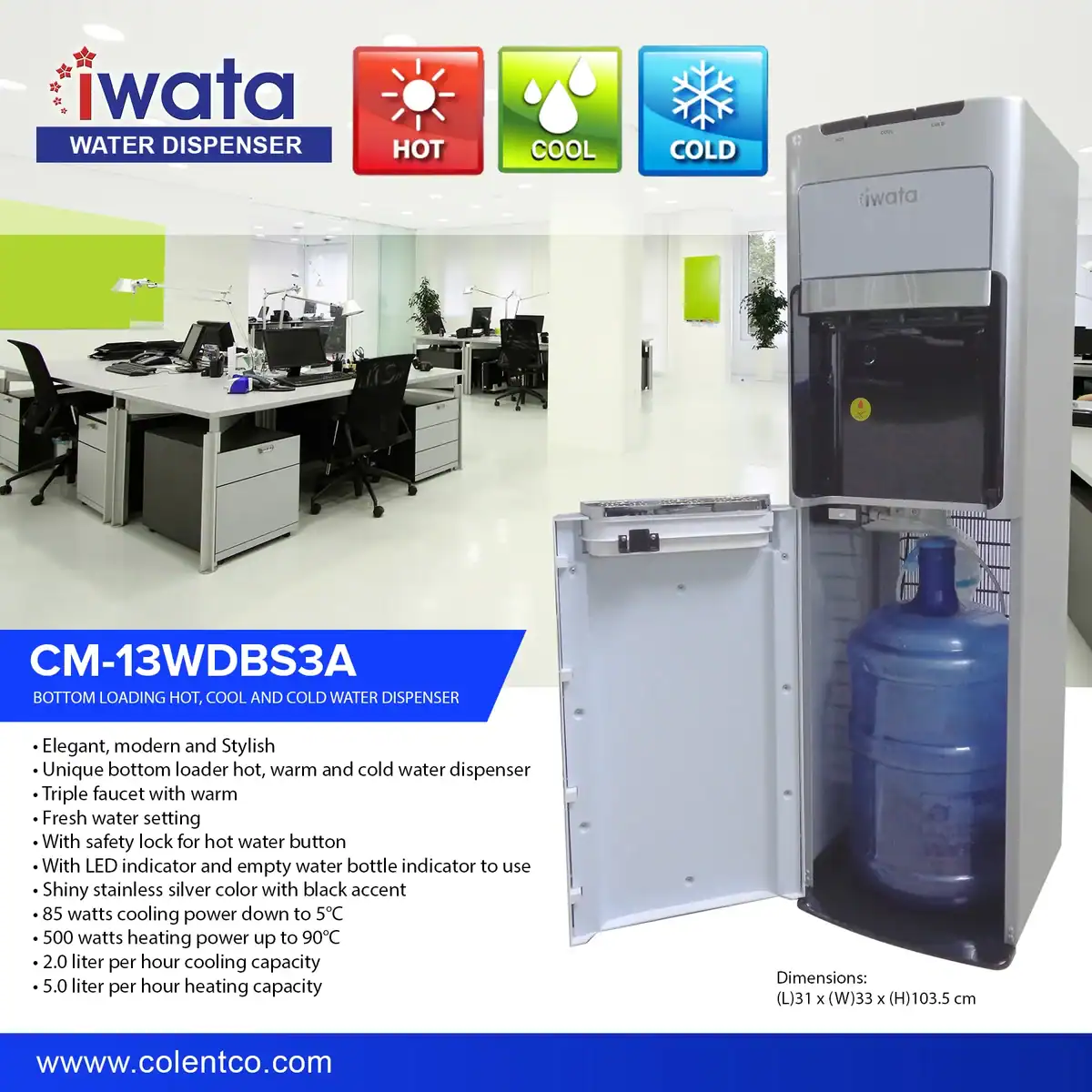 CM-13WDBS3A-no-price Water dispenser with hot, cool, and cold water options in modern office setting, promoting hygiene and convenience.