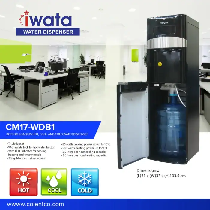 Water dispenser for office environment, featuring hot, cold, and hot water functions, designed for hygiene and convenience.