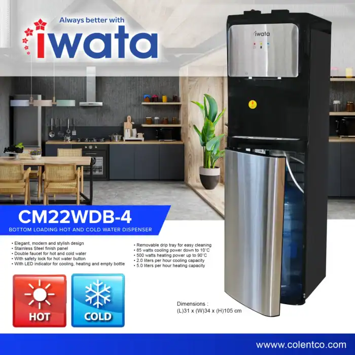 Bottom loading hot and cold water dispenser in modern kitchen, stainless steel finish, CM22WDB-4 model, features for temperature control and easy cleaning, ideal for residential and commercial use.