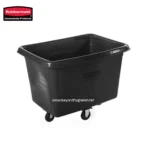 Rubbermaid black commercial utility cart for cleaning and sanitation supplies, mobile with four wheels, durable plastic construction, versatile for hygiene and janitorial use.