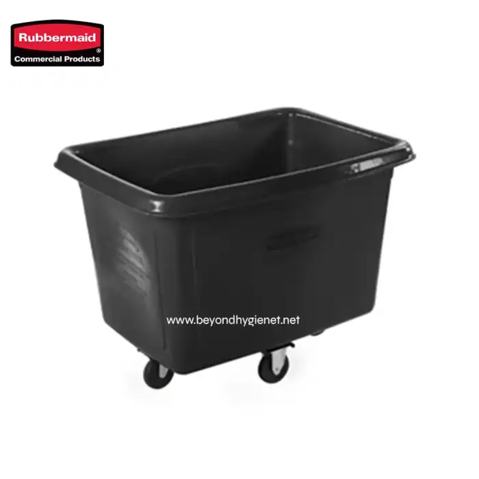 Rubbermaid black commercial utility cart for cleaning and sanitation supplies, mobile with four wheels, durable plastic construction, versatile for hygiene and janitorial use.