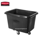 Rubbermaid black utility bin with casters for industrial and commercial cleaning, storage, and waste management. Durable plastic construction ideal for hygiene and janitorial needs in Asia.