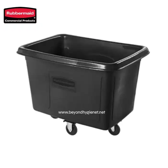 Rubbermaid black utility bin with casters for industrial and commercial cleaning, storage, and waste management. Durable plastic construction ideal for hygiene and janitorial needs in Asia.
