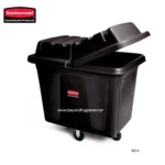 Rubbermaid commercial waste bin with lid open, black plastic trash container on wheels for hygienic waste management.
