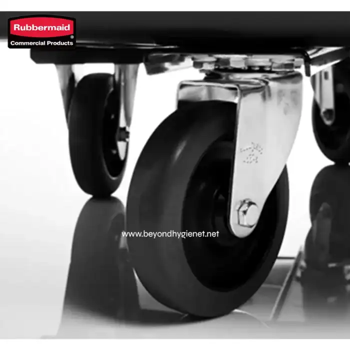 Rubbermaid heavy-duty caster wheels for commercial cleaning equipment, durable industrial mobility solutions, suitable for various hygiene maintenance applications.