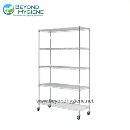 Stainless steel rolling shelving unit with four adjustable wire shelves and caster wheels, ideal for commercial or industrial hygiene and sanitation storage solutions.