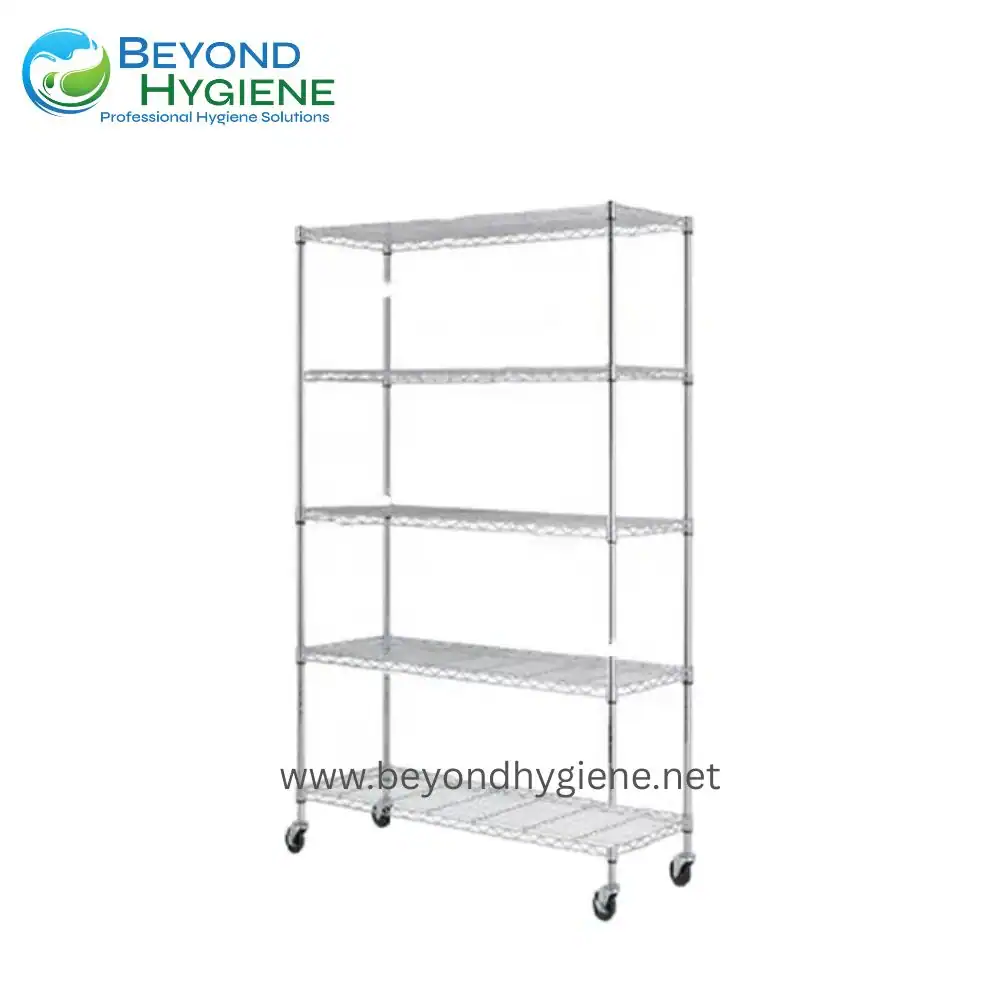 Chrome Plated Wire Shelving 5-Tier Stainless steel rolling shelving unit with four adjustable wire shelves and caster wheels, ideal for commercial or industrial hygiene and sanitation storage solutions.