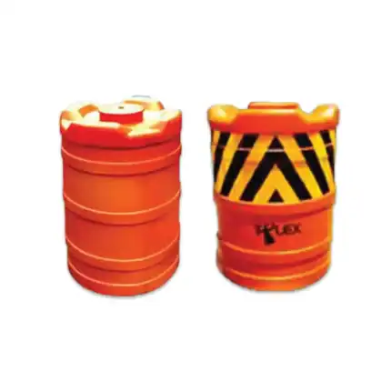 Orange traffic barricade barrels for road safety and construction site protection.
