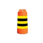High visibility traffic cone with black and yellow reflective stripes for safety and roadwork zones.