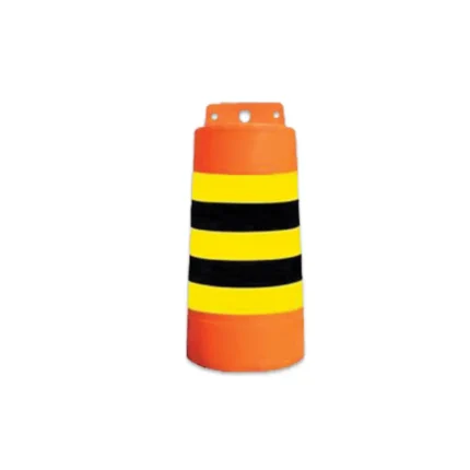 High visibility traffic cone with black and yellow reflective stripes for safety and roadwork zones.