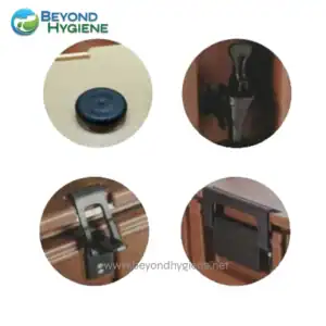 Dispenser and door lock hardware for hygiene and sanitation solutions at Beyond Hygiene Asia.