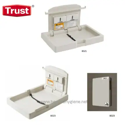 Dispenser for hand sanitizer or disinfectant, wall-mounted, hygienic solution for public and commercial restrooms.