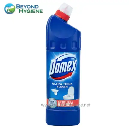 Blu DOMEX Ultra Thick Bleach bottle with red cap, bathroom cleaning product, germ killer for toilets and sinks, effective disinfection from Beyond Hygiene Asia, focused on hygiene and sanitation solutions.