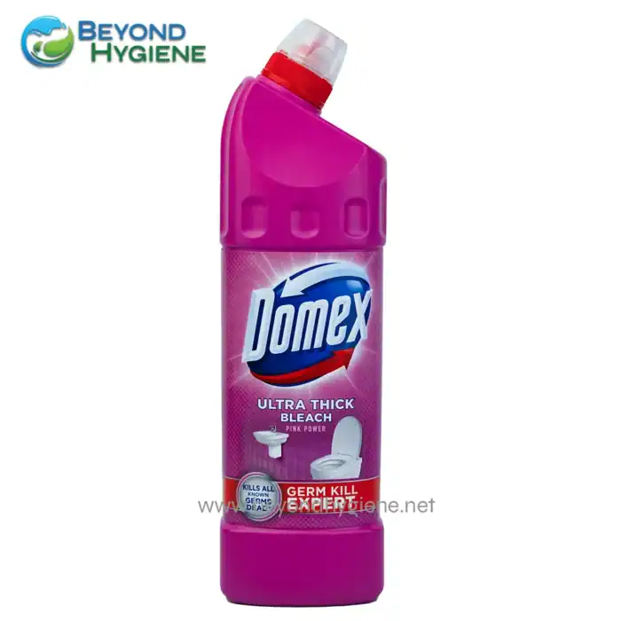 Pink heavy-duty toilet bowl cleaner with Domex Ultra Thick Bleach and germ-killing power, ideal for sanitation and hygiene maintenance.