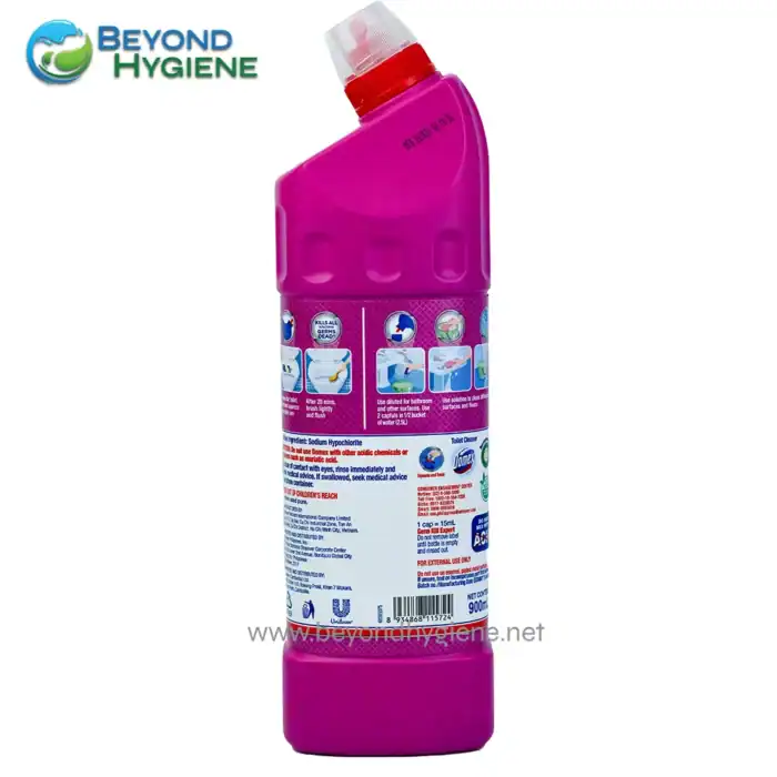 Disinfectant bathroom cleaner bottle with instructions, used for hygiene and sanitation, from Beyond Hygiene Asia.