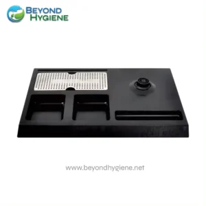 Black hygiene sink with multiple compartments and a faucet, designed for commercial and industrial cleaning purposes. Perfect for sterilization and sanitation tasks in hygiene facilities.