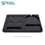 Lightweight black plastic tray with multiple compartments, designed for food presentation or food service establishments.