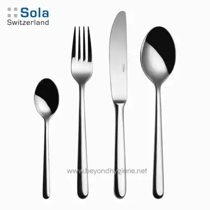 Stainless steel cutlery set including a small spoon, a fork, a butter knife, and a large spoon, perfect for dining and tableware, branded Sola Switzerland.