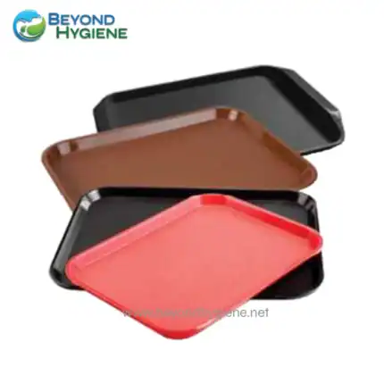 Black, brown, and red plastic trays used for food service and catering, featured at Beyond Hygiene Asia. Durable and versatile trays suitable for various food and beverage industries.