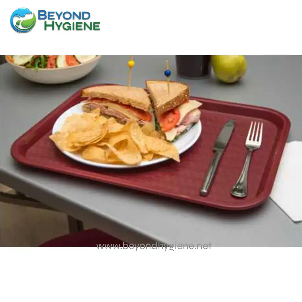 FASTFOOD TRAY3 Sandwich with potato chips on red tray, served with salad and beverages, clean and hygienic food presentation, catering, food service industry, beyond hygiene asia.