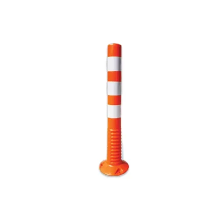 Orange and white reflective safety barrier post for construction sites and traffic control.