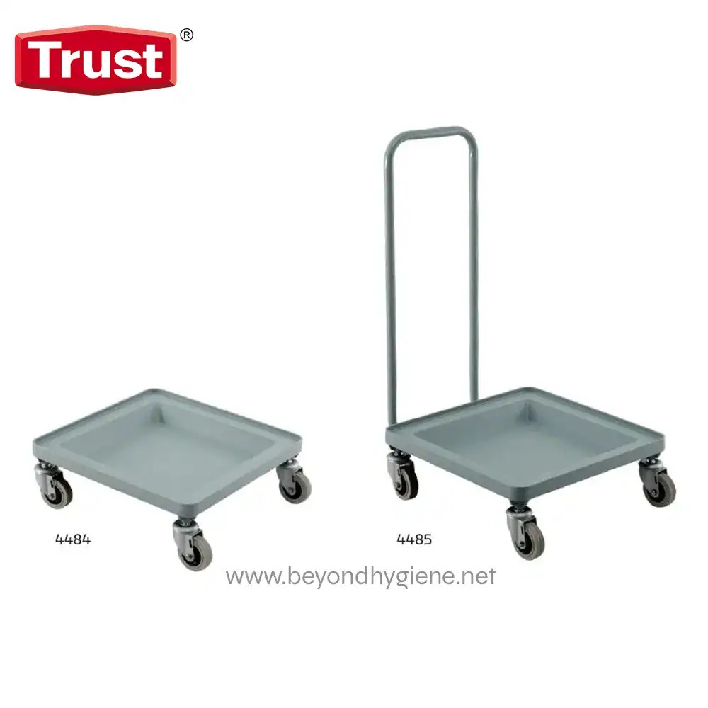 GLASS RACK TROLLEYS Trolley cart with wheels for hospital or industrial use, adjustable handle, heavy-duty plastic tray, stainless steel frame, trusted hygiene equipment, durable and mobile cleaning supply cart, Beyond Hygiene Asia.