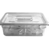 Stainless steel food storage container with transparent lid for commercial kitchen and catering use.