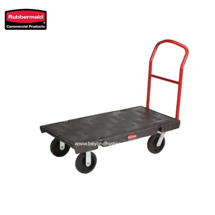 Rubbermaid flatbed trolley with red handle for industrial and commercial material handling. Heavy-duty platform, durable wheels, ideal for warehouse, retail, and cleaning operations.