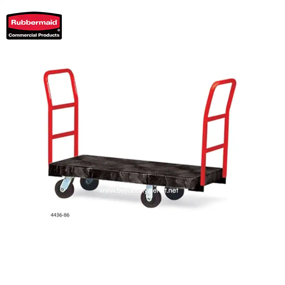 HEAVY DUTY PLATFORM TRUCK, 24 X 48 WITH 8 TPR CASTERS (4) Heavy-duty dolly with red handles, black platform, and four caster wheels for easy transport of heavy loads in industrial or warehouse settings.