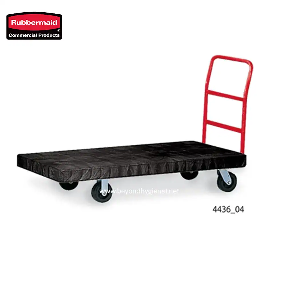 HEAVY DUTY PLATFORM TRUCK, 24 X 48 WITH 8 TPR CASTERS (5) Rubbermaid flat dolly with red handle for moving heavy objects, ideal for commercial or industrial use in Asia.