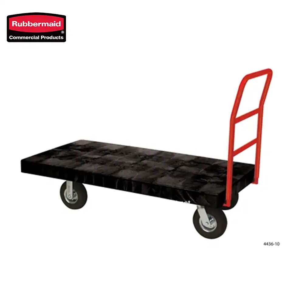 HEAVY DUTY PLATFORM TRUCK, 24 X 48 WITH 8 TPR CASTERS (6) Rubbermaid industrial flatbed cart with red handle for warehouse logistics and material transport. Durable platform and smooth-rolling wheels for efficient cargo movement.