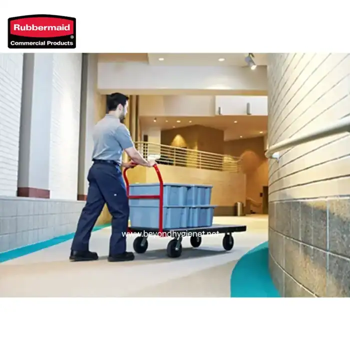 Disinfectant service worker with cleaning supply cart in commercial building, professional hygiene cleaning in Asia, Beyond Hygiene service quality.