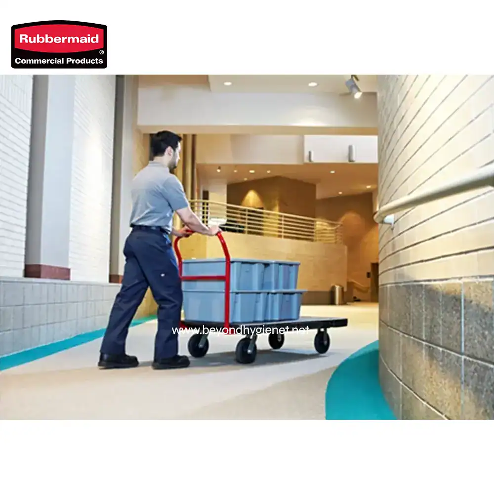 HEAVY DUTY PLATFORM TRUCK, 24 X 48 WITH 8 TPR CASTERS (8) Disinfectant service worker with cleaning supply cart in commercial building, professional hygiene cleaning in Asia, Beyond Hygiene service quality.