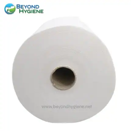 Roll of white bathroom tissue paper on a plain white background.