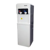 Water cooler dispenser in an office setting with hot and cold water options.