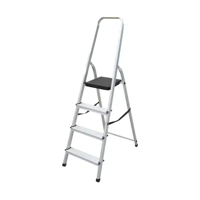 Aluminum step ladder with safety handrail and anti-slip steps, ideal for commercial and industrial cleaning and maintenance tasks.