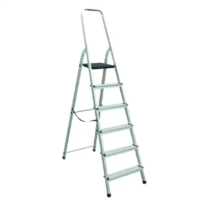 Aluminum step ladder for commercial and industrial use, lightweight and durable for maintenance and cleaning tasks.