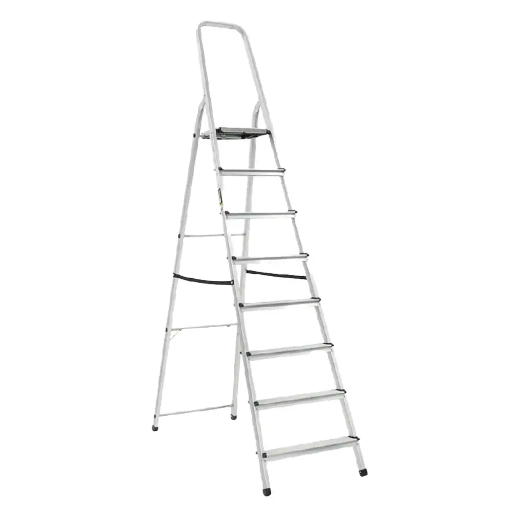 JINMAO STEP LADDER HOUSEHOLD ALUMINUM 8-STEP 8FT Aluminum multipurpose step ladder ideal for commercial and industrial cleaning, maintenance, and safety tasks. Durable, lightweight, and secure for professional and household use.
