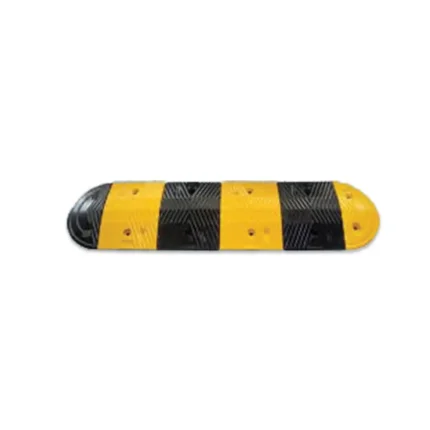 Yellow and black speed bump for traffic control, safety, and pedestrian protection in industrial and commercial areas. Durable rubber material, high-visibility warning device, effective road safety solution.