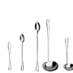 Stainless steel cutlery set, including forks, spoons, knives, and serving utensils, on a plain white background for culinary and hospitality industry branding.