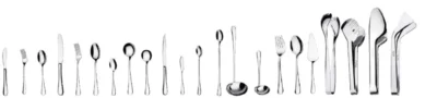 Stainless steel cutlery set, including forks, spoons, knives, and serving utensils, on a plain white background for culinary and hospitality industry branding.