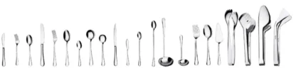 Stainless steel cutlery set, including forks, spoons, knives, and serving utensils, on a plain white background for culinary and hospitality industry branding.