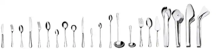 Stainless steel cutlery set, including forks, spoons, knives, and serving utensils, on a plain white background for culinary and hospitality industry branding.