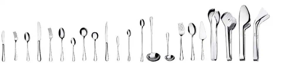LANYU-1010 Stainless steel cutlery set, including forks, spoons, knives, and serving utensils, on a plain white background for culinary and hospitality industry branding.